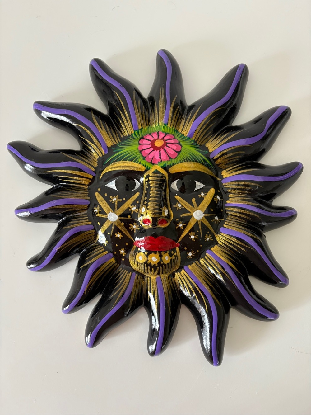 Mexican Pottery Sun Face Oaxaca Hand Painted Folk Art Celestial Made in Mexico